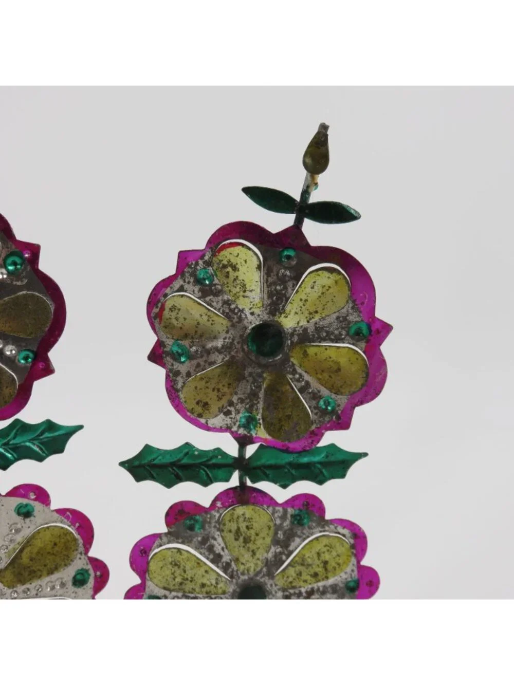 VTG Punch Tin Folk Art Pair 2 Candle Holders Pink Yellow Green Retro Christmas